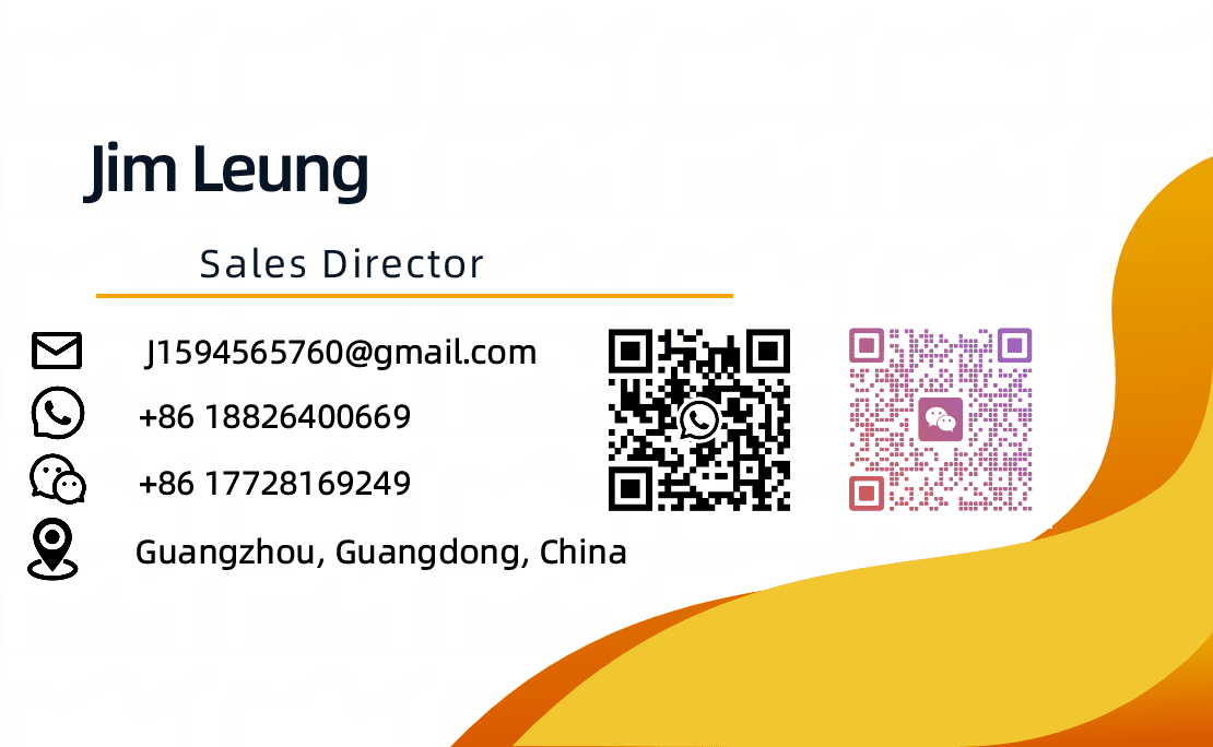 Business card of Jim Leung, Sales Director — email J1594565760@gmail.com, WhatsApp +86 188 2640 0669, WeChat +86 177 2816 9249, Guangzhou, Guangdong, China, with WhatsApp and WeChat QR codes